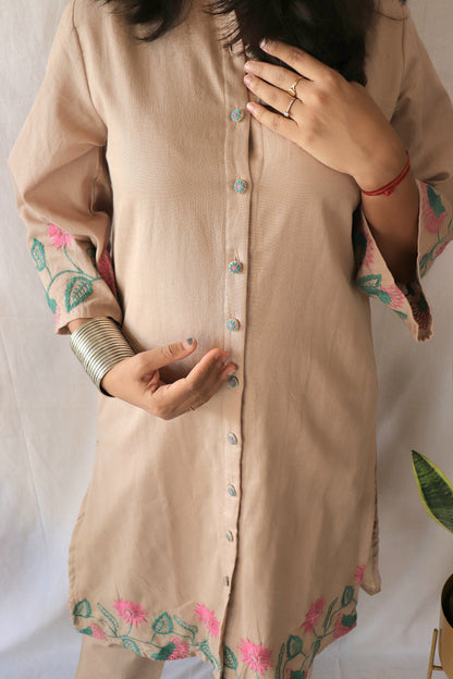 Beige Blossom Co-ord Set with Statement Embroidery