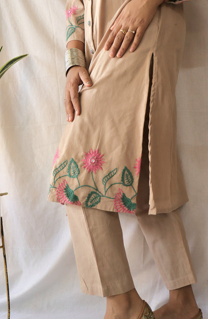 Beige Blossom Co-ord Set with Statement Embroidery