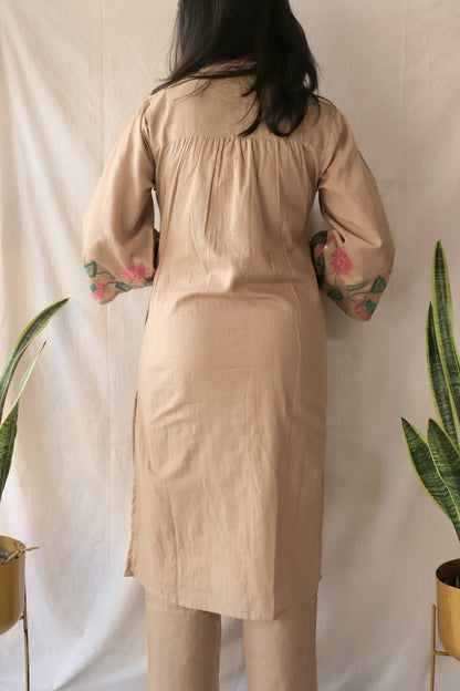 Beige Blossom Co-ord Set with Statement Embroidery