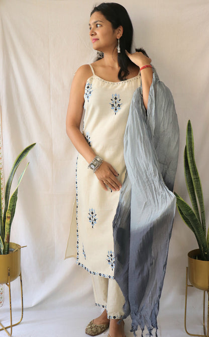 Noor Cream & Blue Spaghetti Suit Set with Kota Doria Dupatta