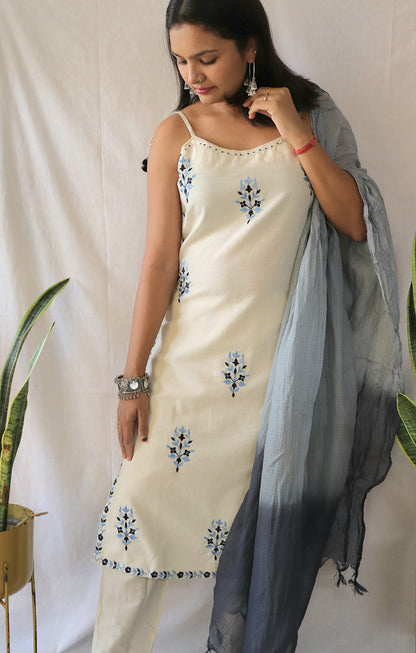 Noor Cream & Blue Spaghetti Suit Set with Kota Doria Dupatta