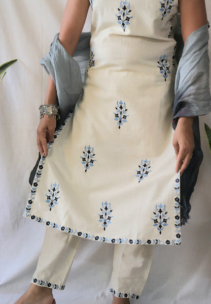 Noor Cream & Blue Spaghetti Suit Set with Kota Doria Dupatta