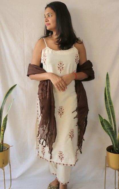 Noor Cream & Brown Spaghetti Suit Set
