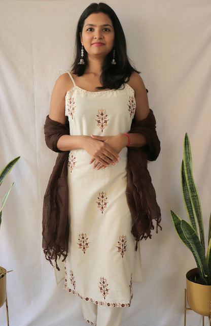Noor Cream & Brown Spaghetti Suit Set