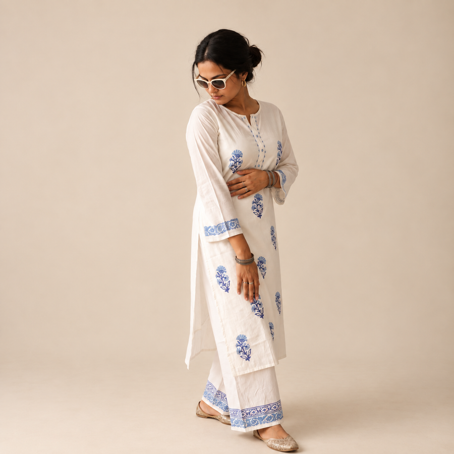 Indigo Bloom - Hand-block Printed Kurta Set